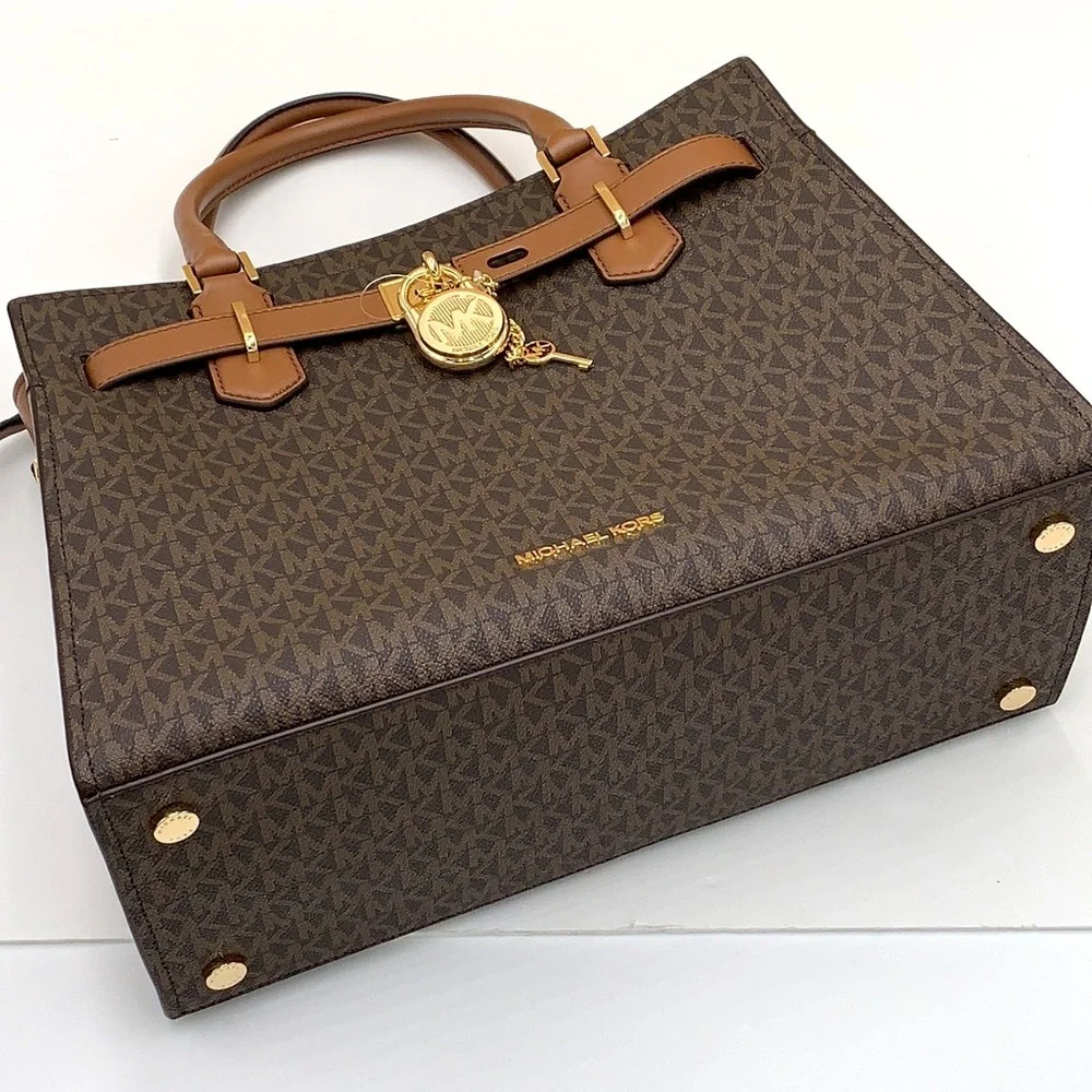 Michael Kors Hamilton Med Satchel Shoulder Crossbody Bag Luggage/Brown Signature
